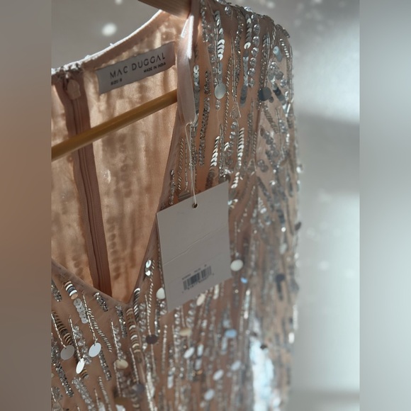 Mac Duggal 93850 | Silver Beaded Fringe | Long Sleeve Plunge |  Sz 6 | NWT - Picture 4 of 14